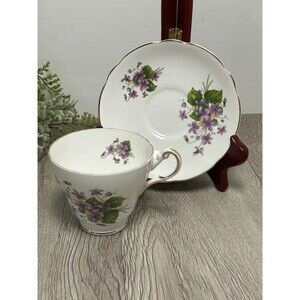 Vintage Regency English Bone China Teacup & Saucer Purple Flowers Gold Trim